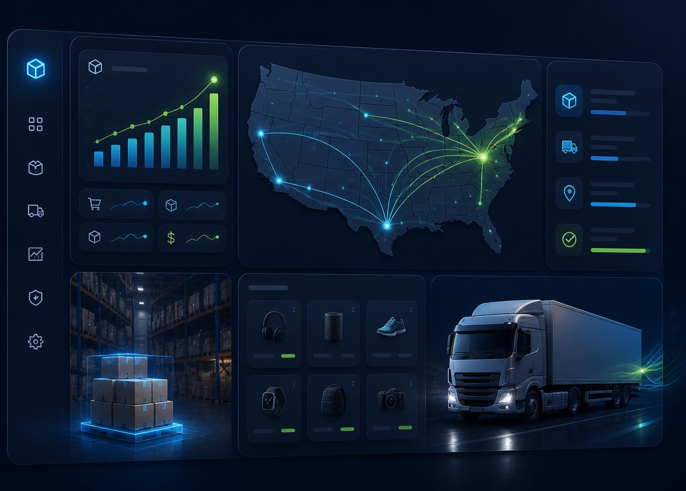 Manani Dropship LK warehouse dashboard showing US shipping routes, live order analytics, and same-day fulfillment